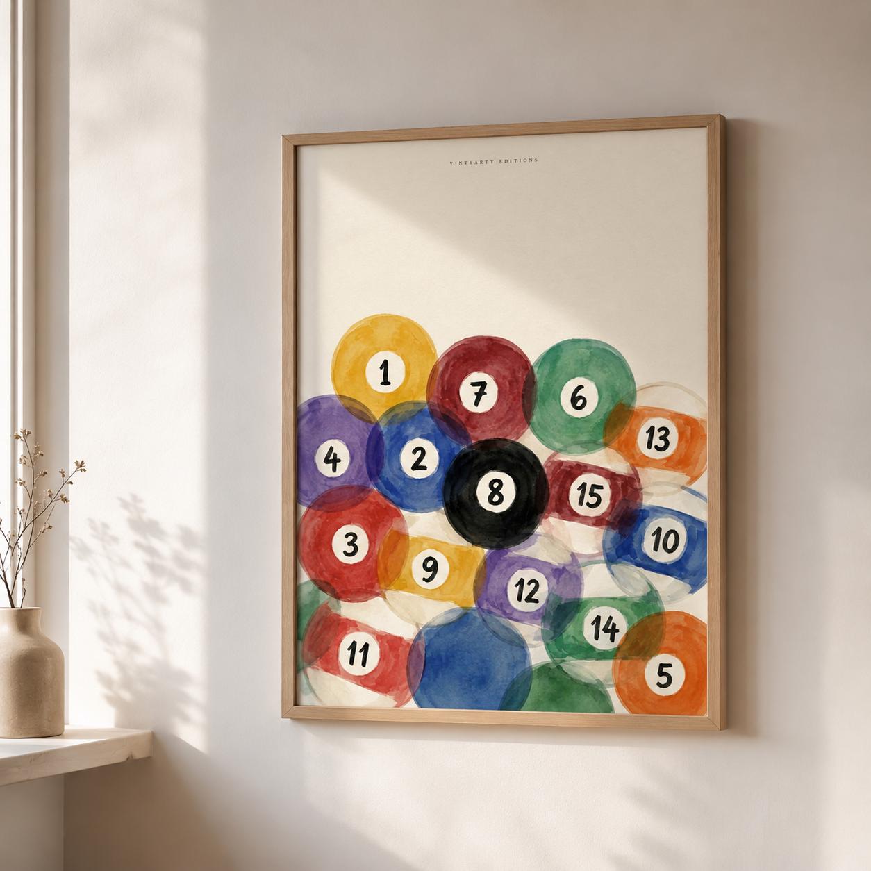 Affiche boules de billard aquarelle, poster salle de jeux, art mural coloré bar et sous-sol
