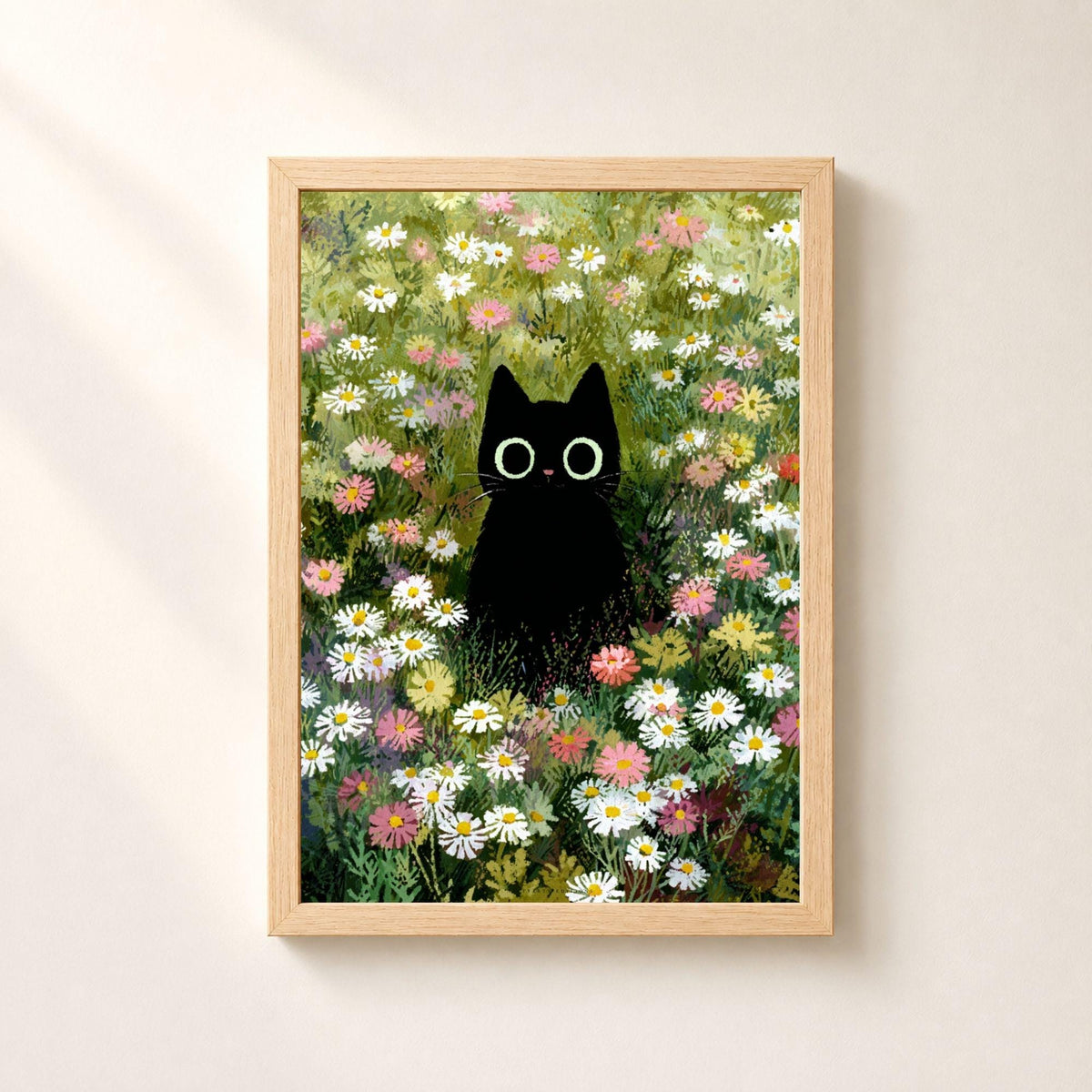 Affiche chat noir dans un champ de marguerites, poster illustration naïve, art mural vert et blanc