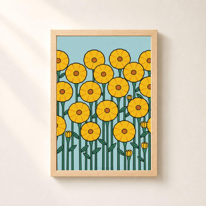 Affiche fleurs jaunes graphiques sur fond bleu, poster rétro mid-century, art mural jaune et bleu