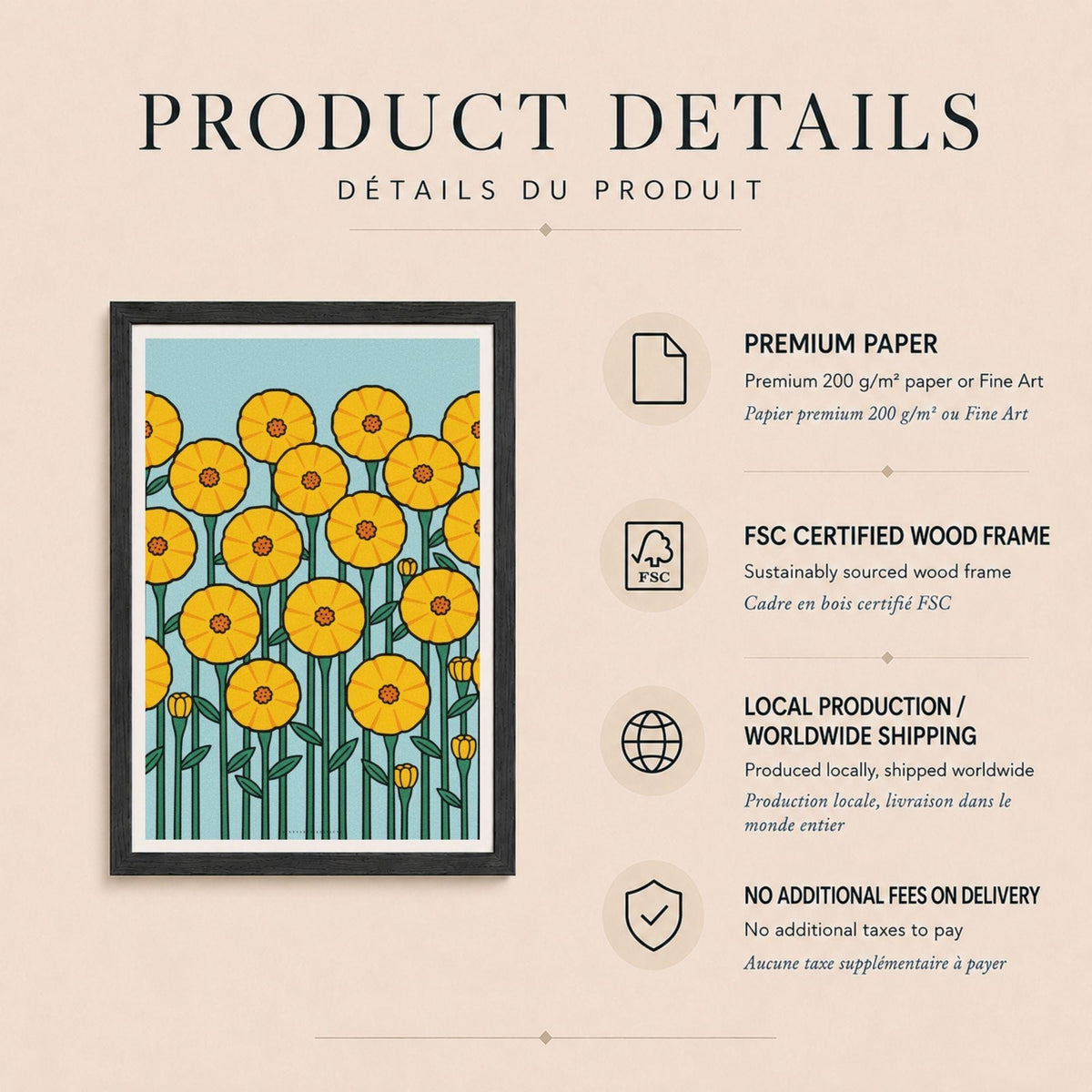 Affiche fleurs jaunes graphiques sur fond bleu, poster rétro mid-century, art mural jaune et bleu