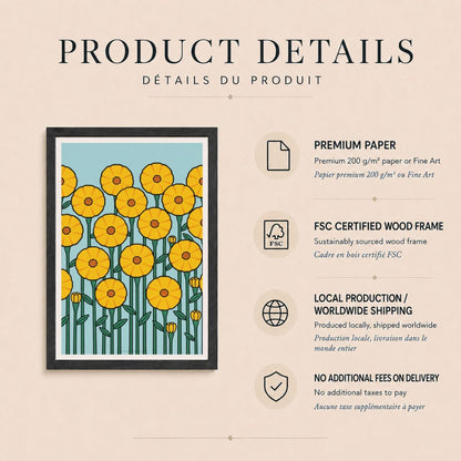 Affiche fleurs jaunes graphiques sur fond bleu, poster rétro mid-century, art mural jaune et bleu