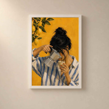 Femme préparant un café italien, peinture à l'huile contemporaine | Collection Quiet Rituals
