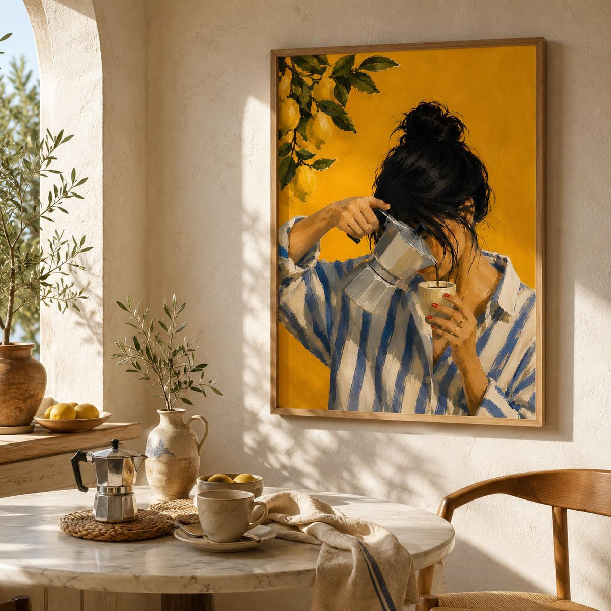 Affiche peinture à l'huile contemporaine représentant un rituel du café.