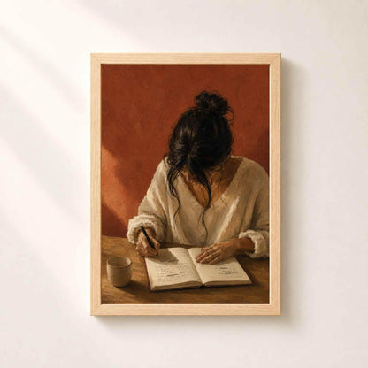 Femme écrivant dans un carnet ouvert sur une table en bois.