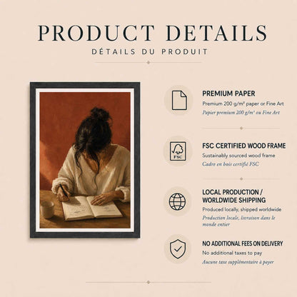 Affiche femme écrivant dans un carnet, peinture contemporaine, Collection Quiet Rituals