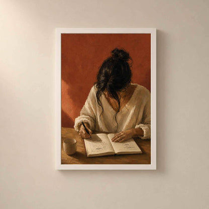 Affiche femme écrivant dans un carnet, peinture contemporaine, Collection Quiet Rituals