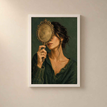 Affiche Femme au Miroir Ancien, Illustration Contemporaine Élégante, Décoration Murale, Collection Quiet Rituals
