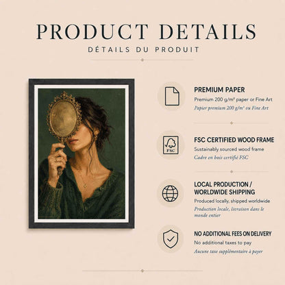 Affiche Femme au Miroir Ancien, Illustration Contemporaine Élégante, Décoration Murale, Collection Quiet Rituals