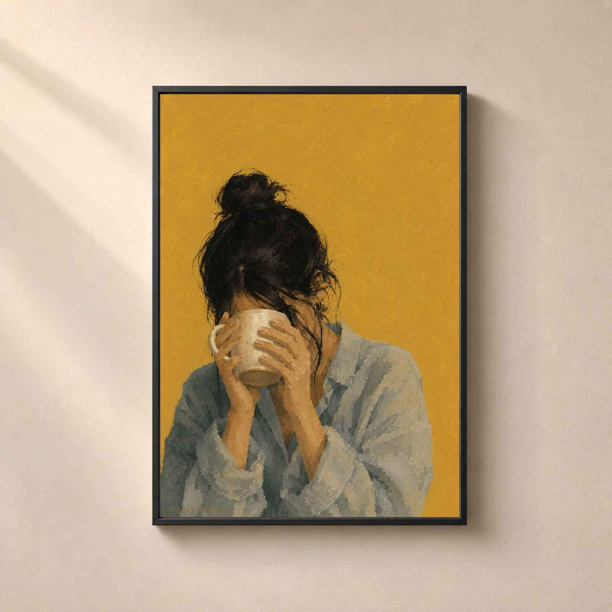 Affiche Femme au Mug, Rituel du Café, Illustration Contemporaine Minimaliste, Collection Quiet Rituals