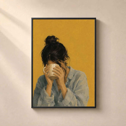Affiche Femme au Mug, Rituel du Café, Illustration Contemporaine Minimaliste, Collection Quiet Rituals