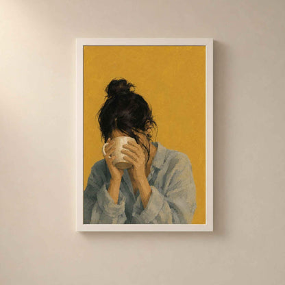 Affiche Femme au Mug, Rituel du Café, Illustration Contemporaine Minimaliste, Collection Quiet Rituals