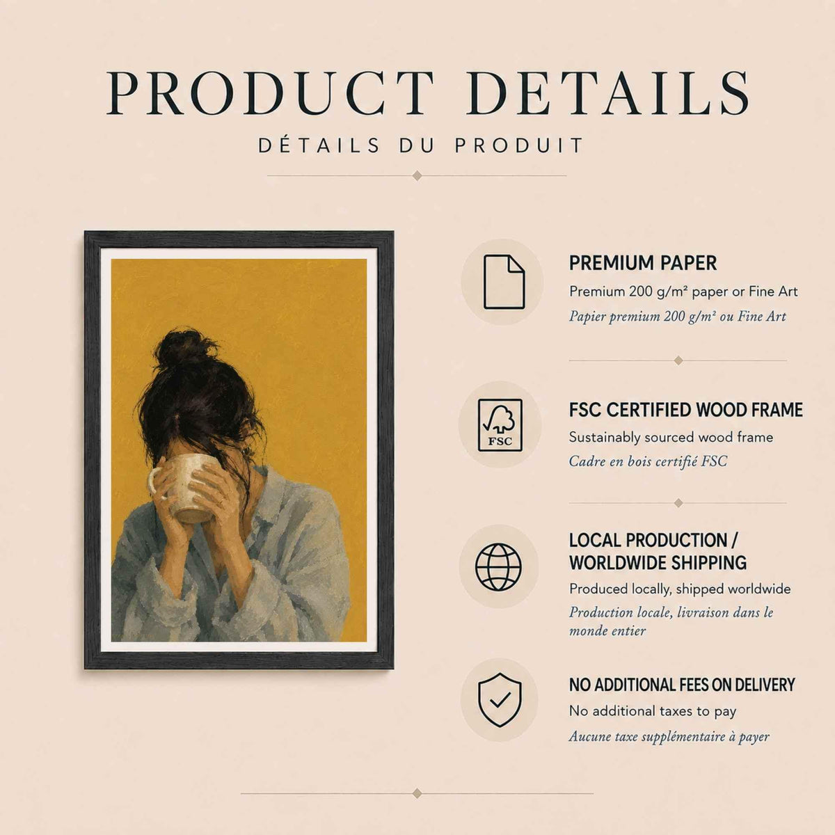 Affiche Femme au Mug, Rituel du Café, Illustration Contemporaine Minimaliste, Collection Quiet Rituals