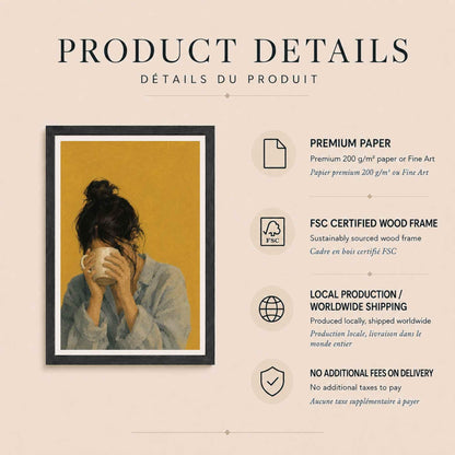 Affiche Femme au Mug, Rituel du Café, Illustration Contemporaine Minimaliste, Collection Quiet Rituals