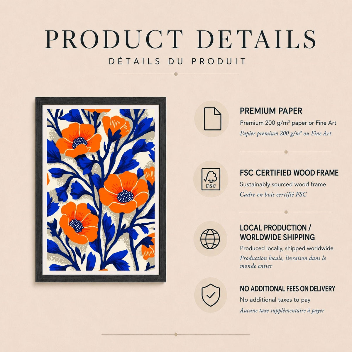 Affiche pavots orange et feuillage bleu, poster floral folk, art mural orange et cobalt