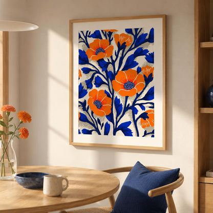 Affiche pavots orange et feuillage bleu, poster floral folk, art mural orange et cobalt