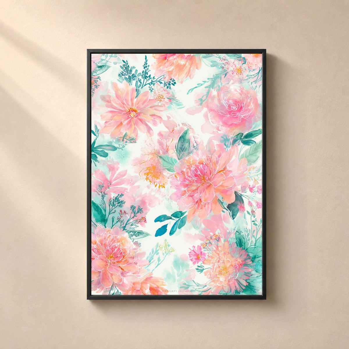 Affiche florale aquarelle rose et vert d'eau, poster fleurs pastel, art mural chambre romantique