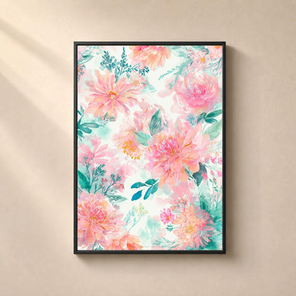 Affiche florale aquarelle rose et vert d'eau, poster fleurs pastel, art mural chambre romantique