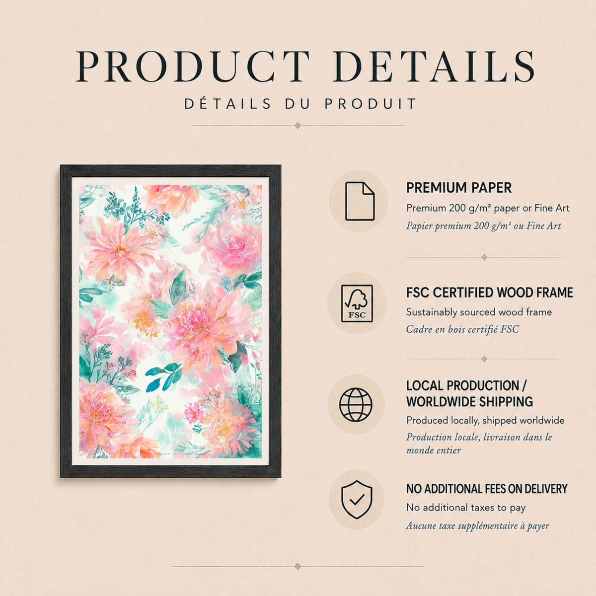 Affiche florale aquarelle rose et vert d'eau, poster fleurs pastel, art mural chambre romantique