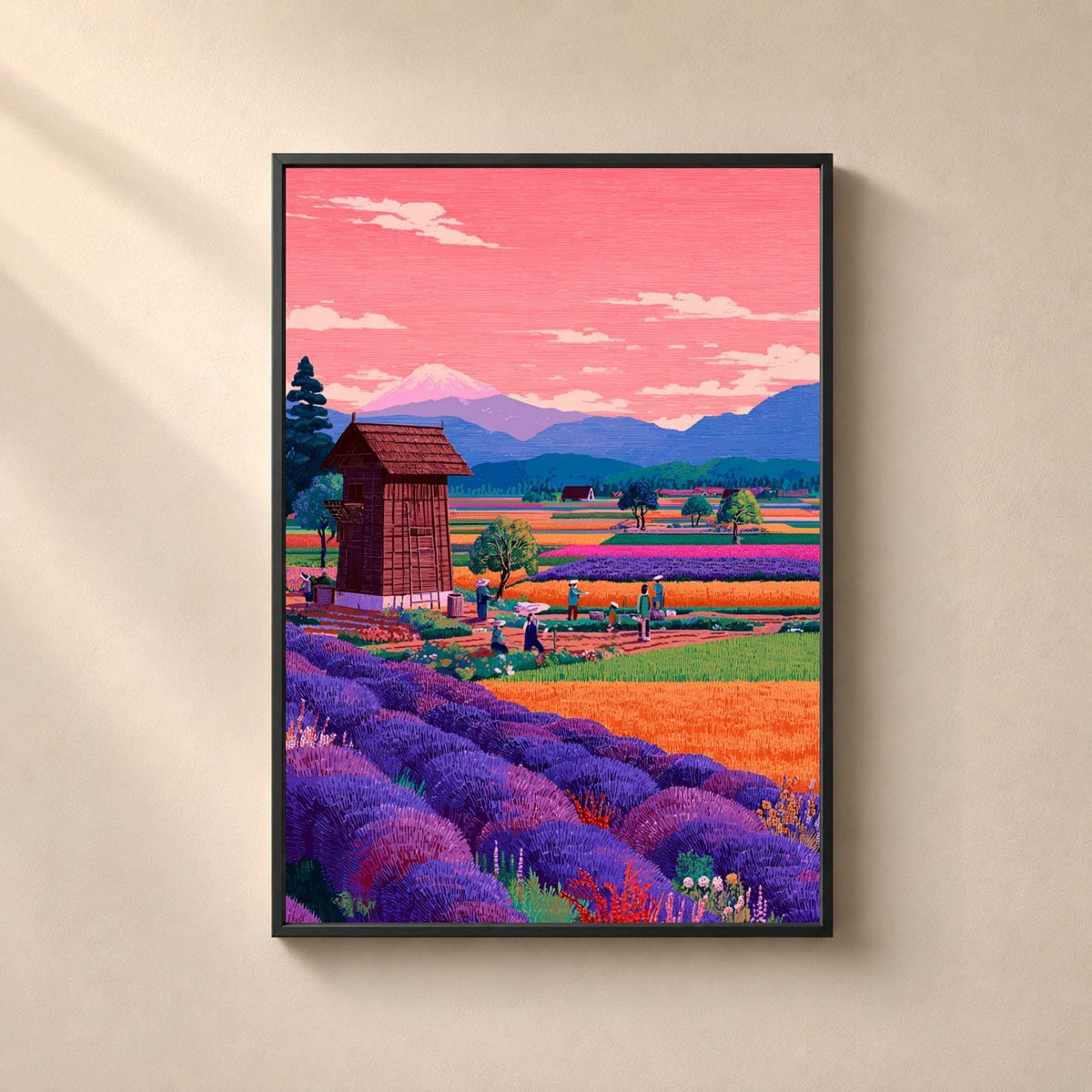 Affiche champs de lavande en Provence, poster mas et collines, art mural violet et bleu