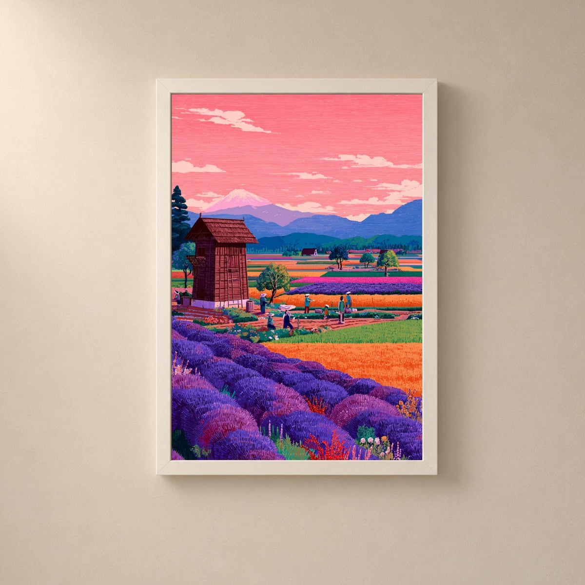 Affiche champs de lavande en Provence, poster mas et collines, art mural violet et bleu