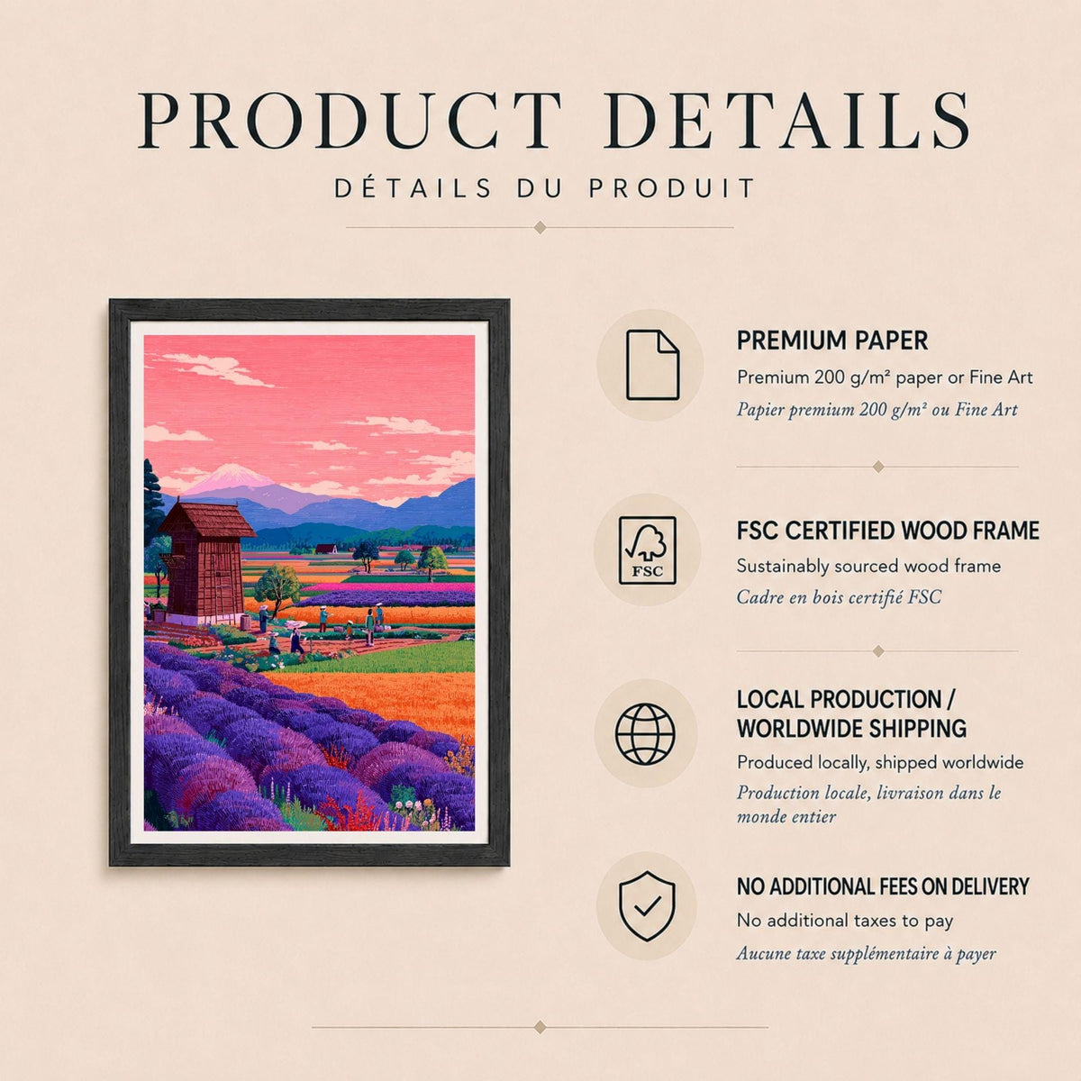 Affiche champs de lavande en Provence, poster mas et collines, art mural violet et bleu