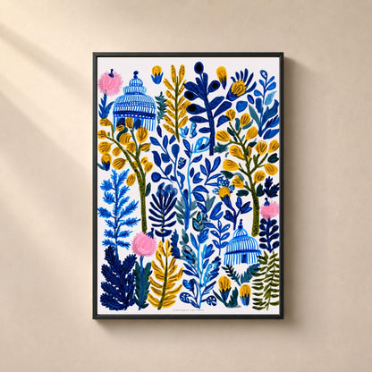 Affiche botanique en gouache, branchages bleus du cobalt au bleu nuit montant côte à côte sur fond blanc, fleurs jaune moutarde en petites masses rondes, trois chardons roses ébouriffés, deux pavillons à dôme rayé bleu et blanc dressés au milieu des plantes.