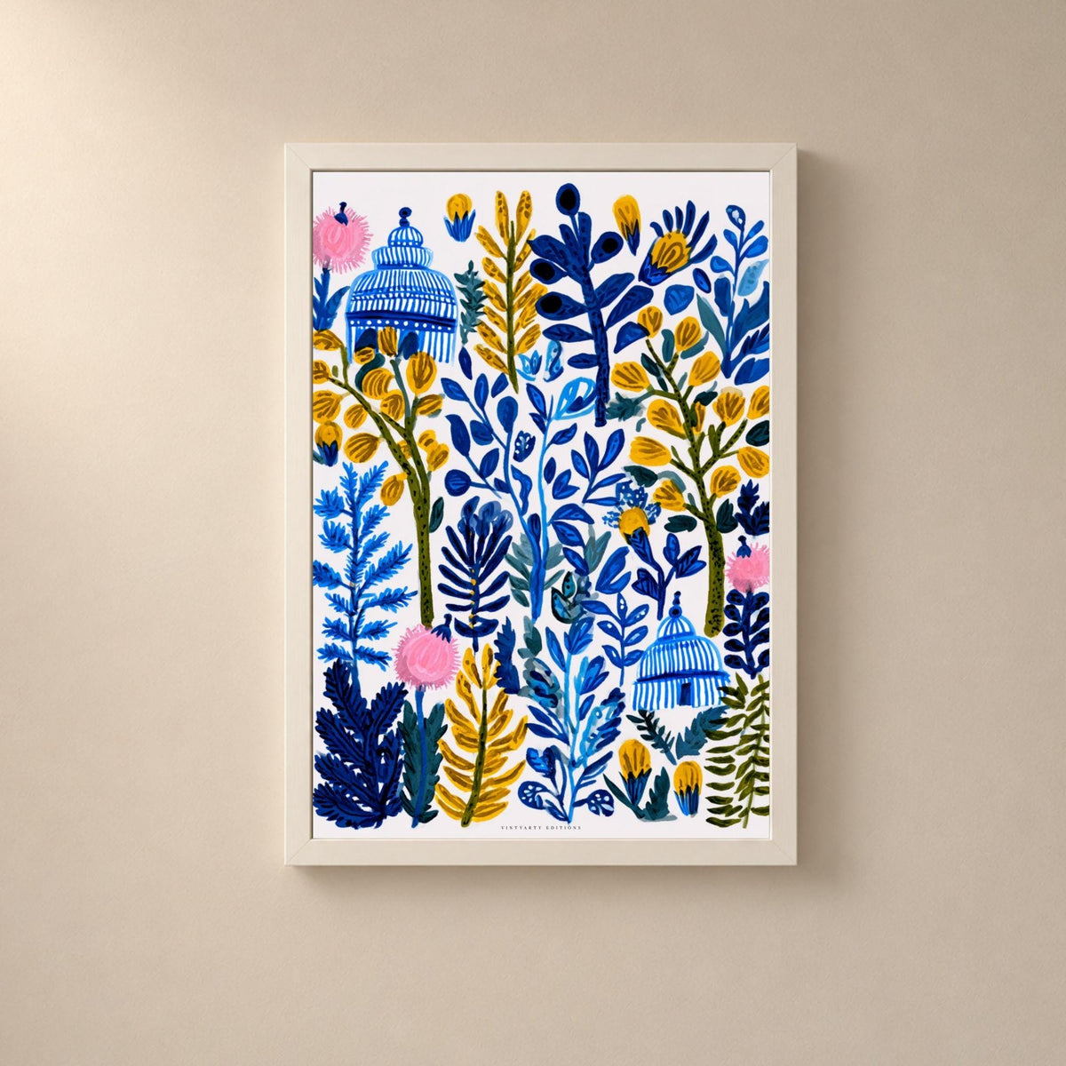Affiche herbier bleu et jaune, poster botanique folk, art mural bleu et blanc chinoiserie