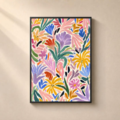 Affiche florale abstraite en touches de pinceau larges sur fond crème, palmes rose poudré, feuilles vert sapin et vert d'eau, éventails lilas et bleu roi, marguerites jaune d'or à cœur sombre, virgules rouge vermillon et petites touches noires, motif coupé par les quatre bords.