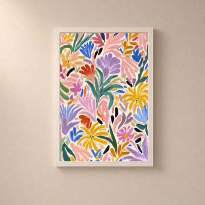 Affiche florale abstraite multicolore, poster fleurs peintes au pinceau, art mural coloré crème
