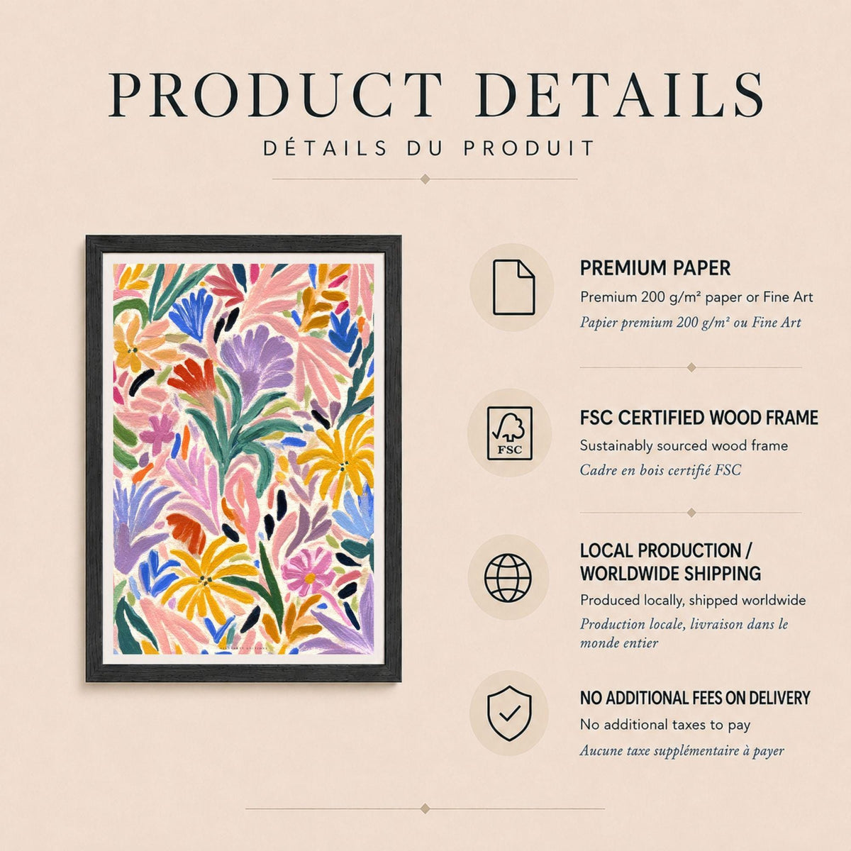 Affiche florale abstraite multicolore, poster fleurs peintes au pinceau, art mural coloré crème