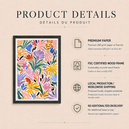 Affiche florale abstraite multicolore, poster fleurs peintes au pinceau, art mural coloré crème