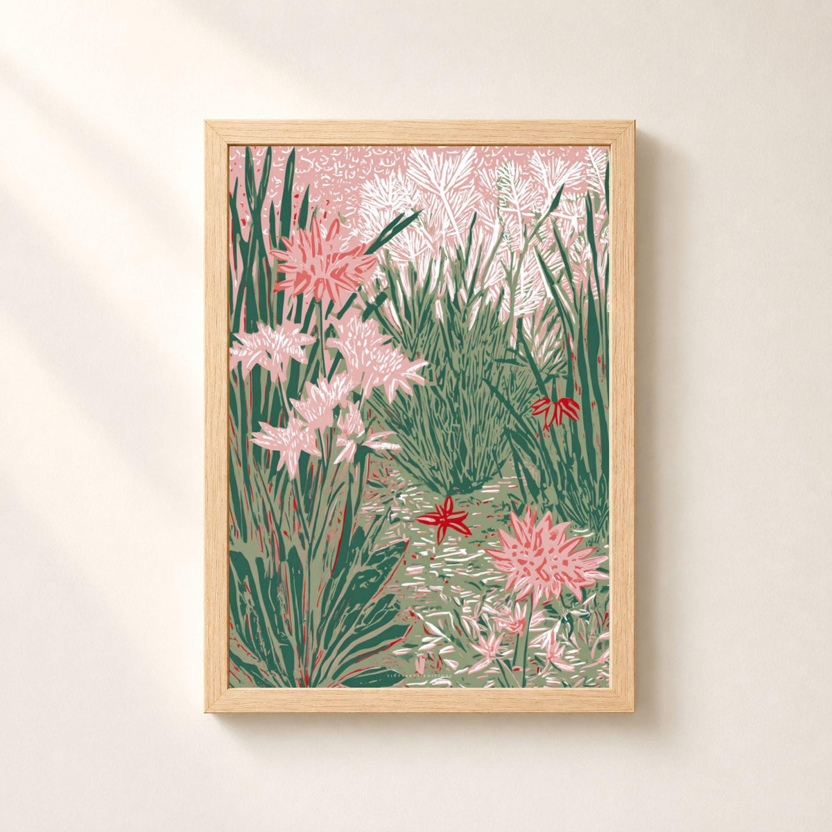 Affiche jardin en linogravure rose et vert, poster botanique gravé, art mural vert sauge et rose