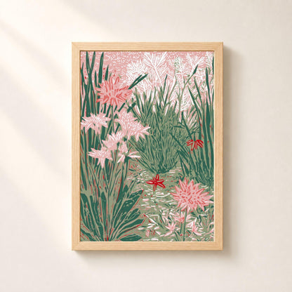 Affiche jardin en linogravure rose et vert, poster botanique gravé, art mural vert sauge et rose