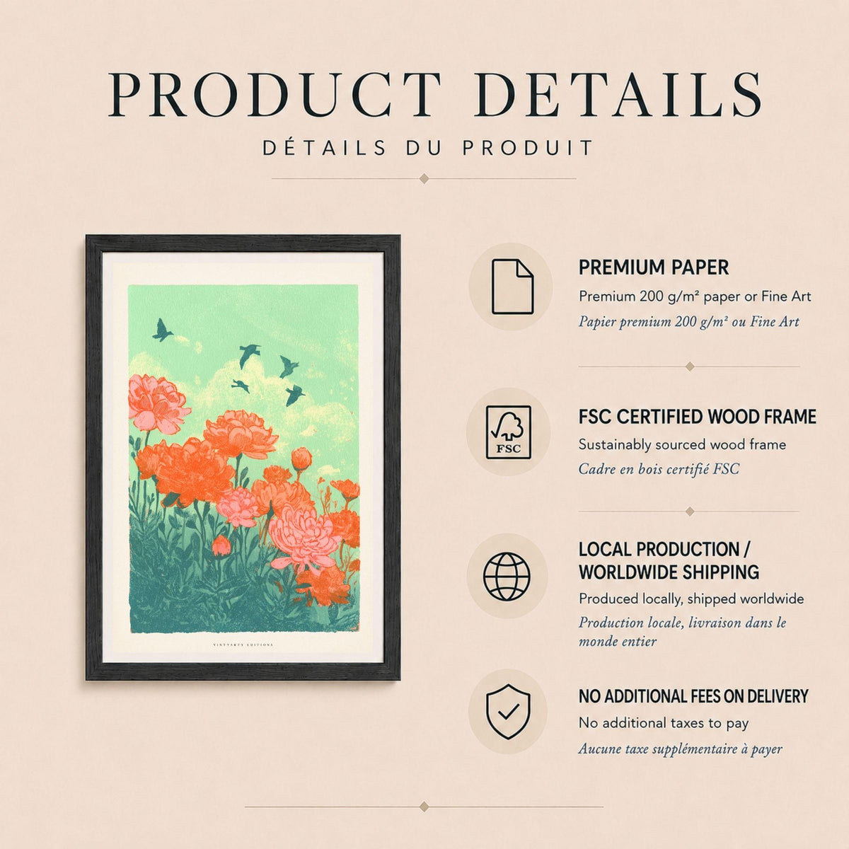 Affiche pivoines corail sur ciel vert menthe, poster risographie oiseaux, art mural rétro