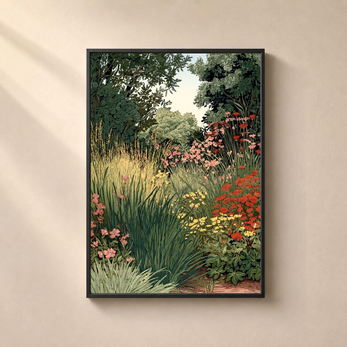 Affiche massif de jardin anglais, poster botanique vert et rouge, art mural nature apaisant