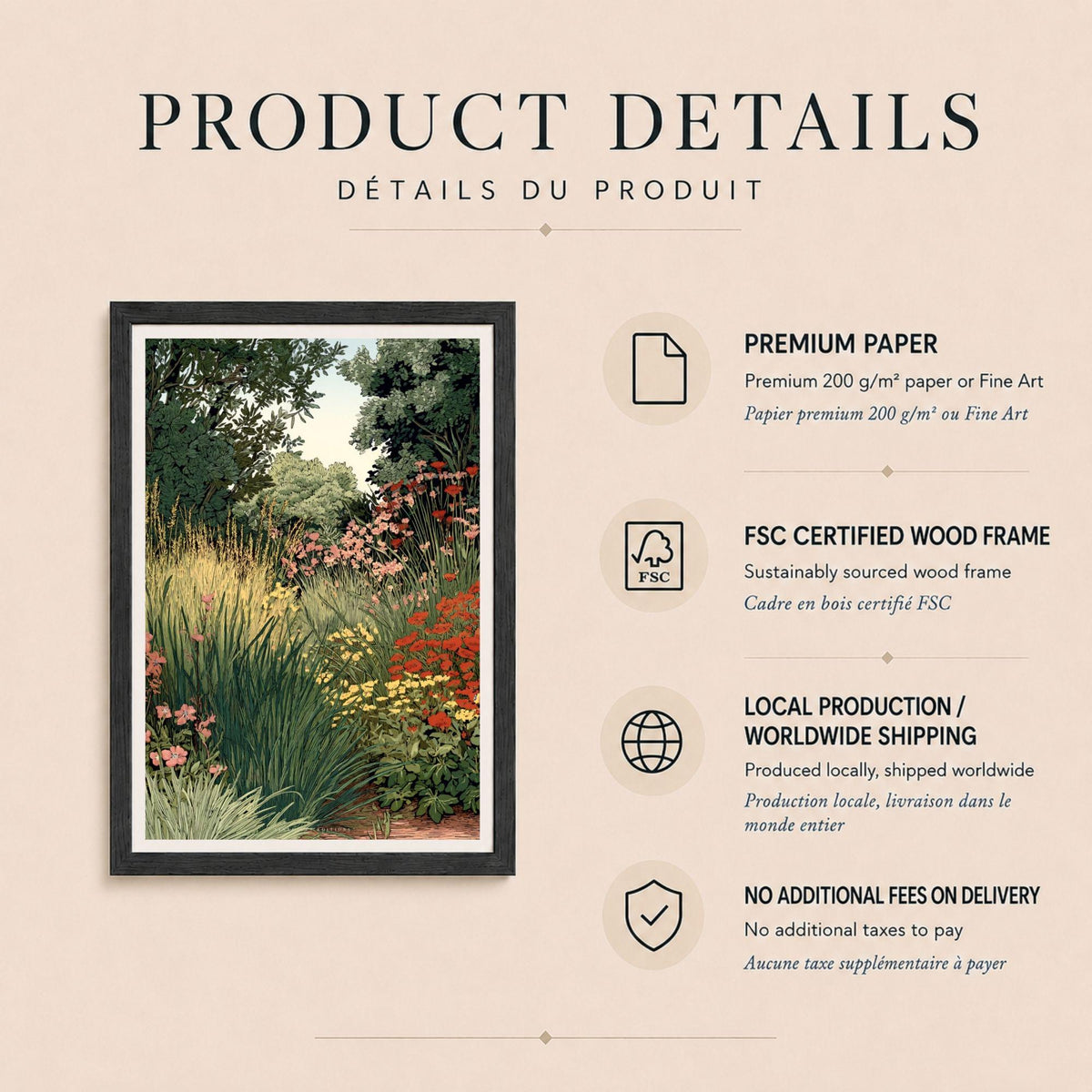Affiche massif de jardin anglais, poster botanique vert et rouge, art mural nature apaisant