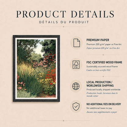 Affiche massif de jardin anglais, poster botanique vert et rouge, art mural nature apaisant