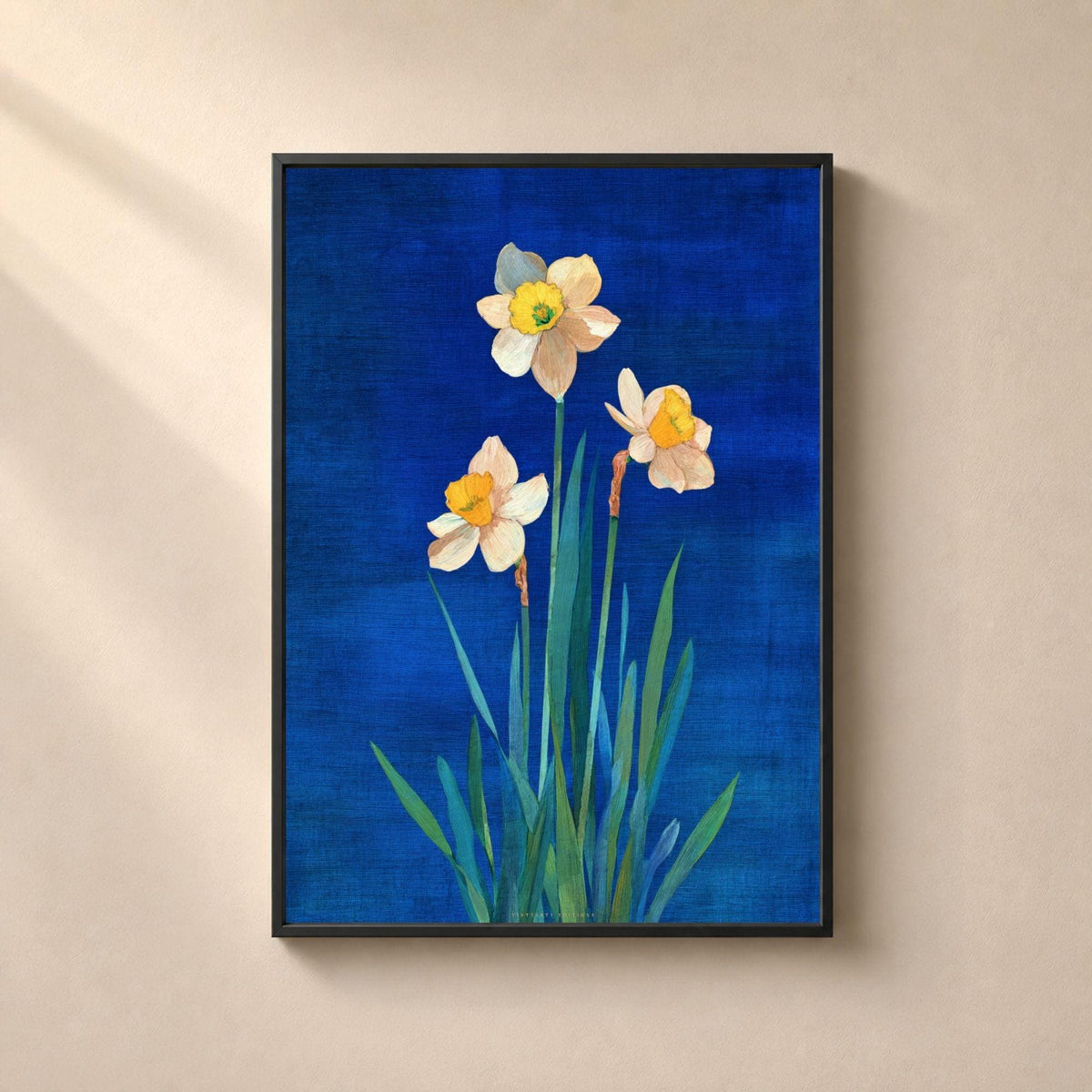 Affiche narcisses sur fond bleu outremer, poster botanique printanier, art mural bleu et jaune