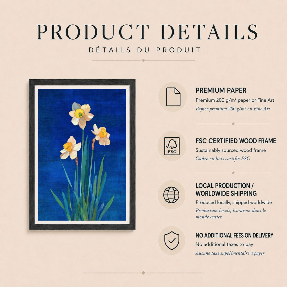 Affiche narcisses sur fond bleu outremer, poster botanique printanier, art mural bleu et jaune