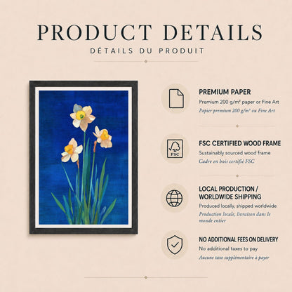 Affiche narcisses sur fond bleu outremer, poster botanique printanier, art mural bleu et jaune