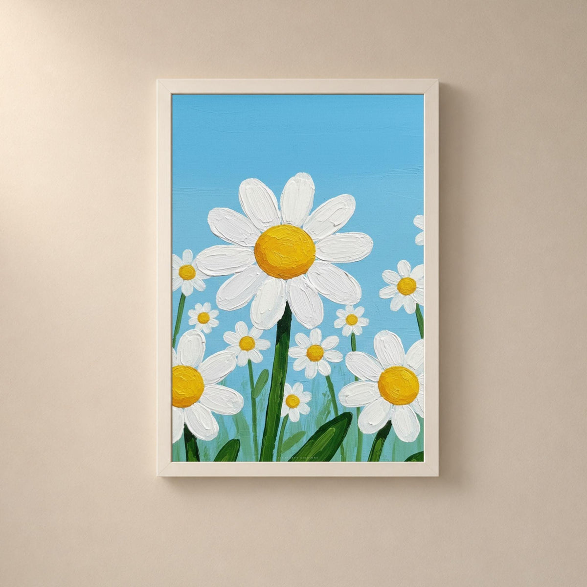 Affiche marguerites sur ciel bleu, poster fleurs naïves, art mural chambre d'enfant