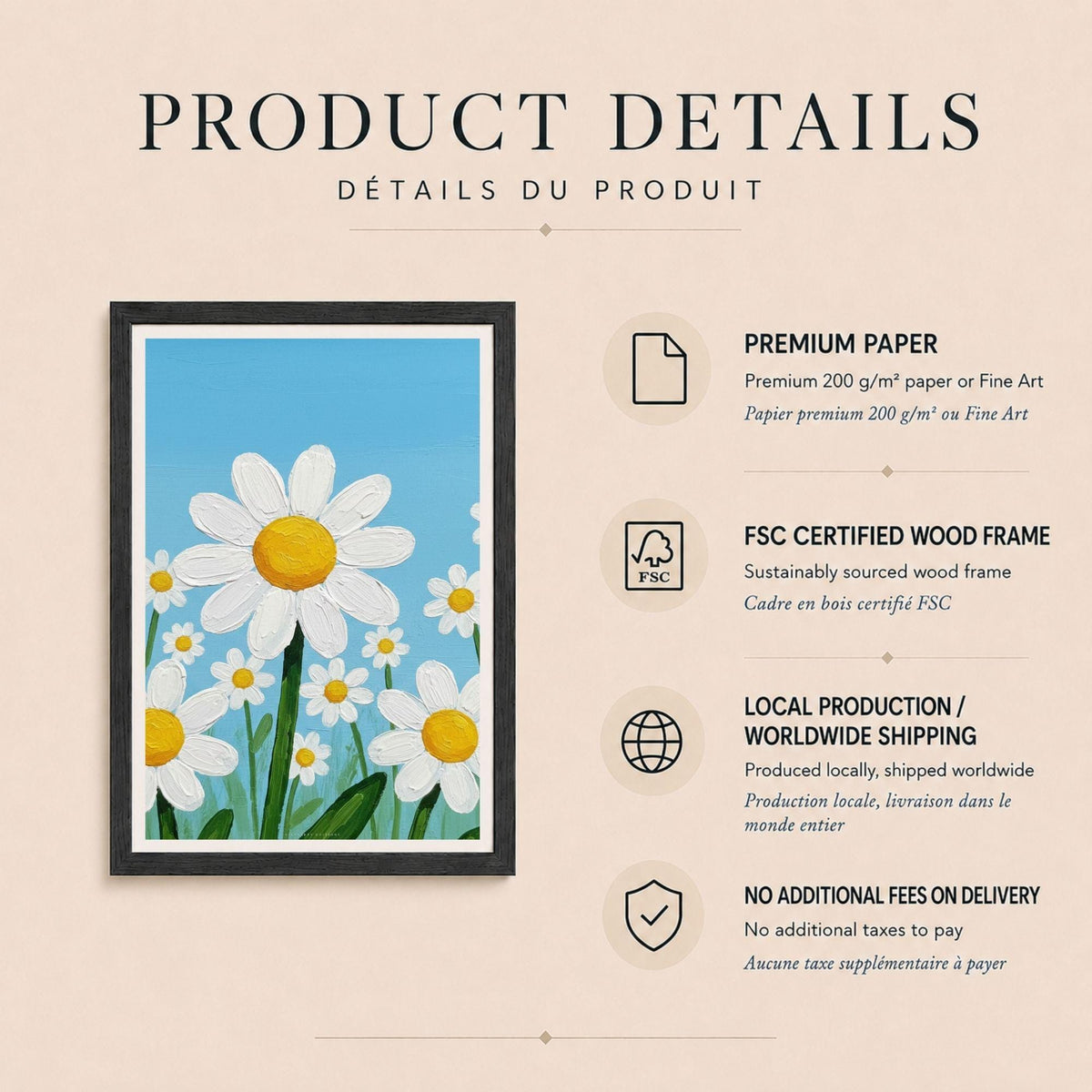 Affiche marguerites sur ciel bleu, poster fleurs naïves, art mural chambre d'enfant