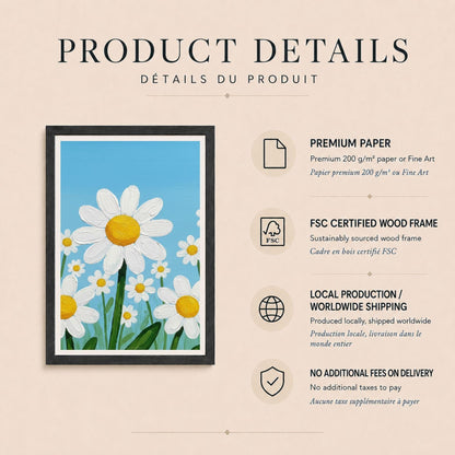 Affiche marguerites sur ciel bleu, poster fleurs naïves, art mural chambre d'enfant
