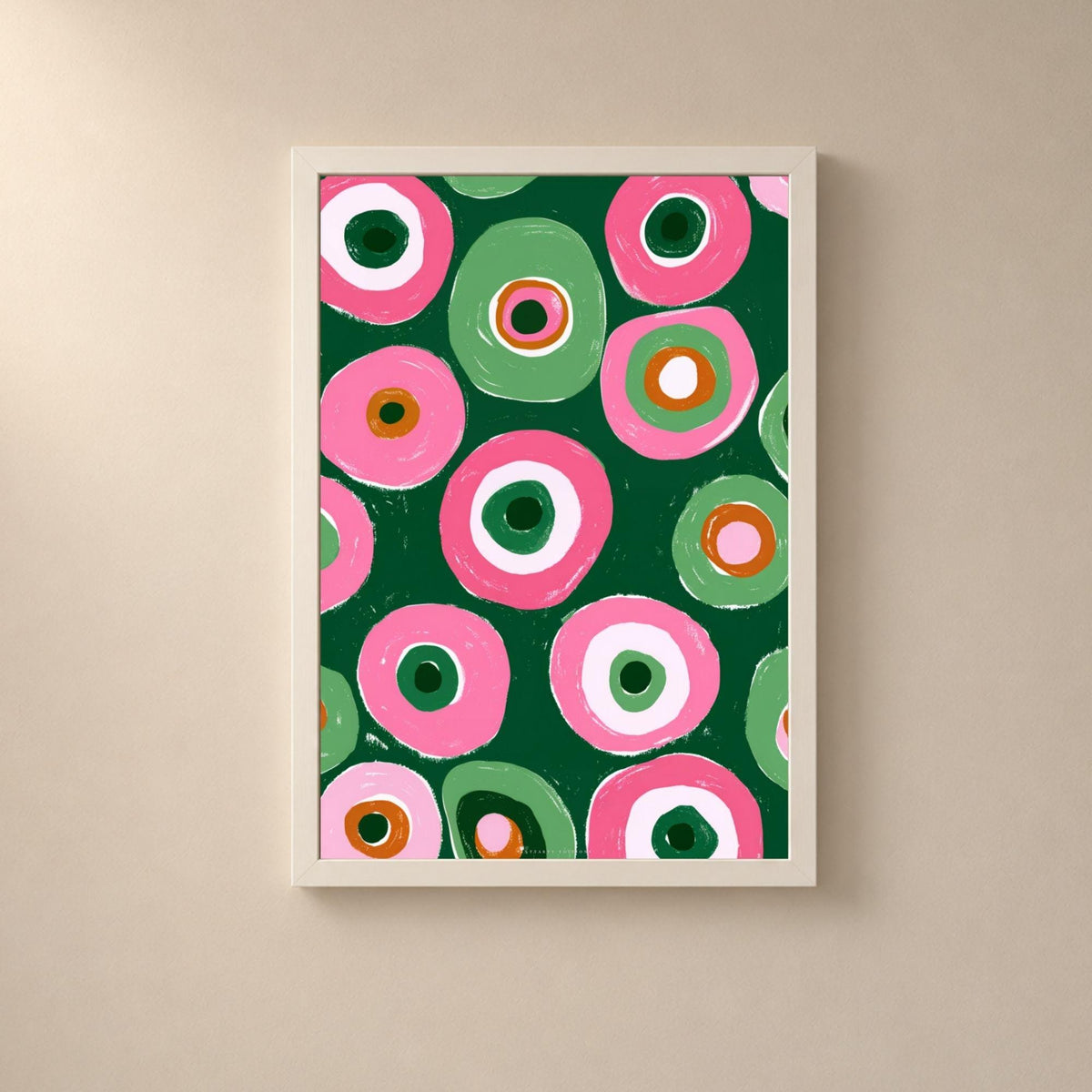 Affiche cercles abstraits rose et vert, poster géométrique rétro, art mural vert sapin
