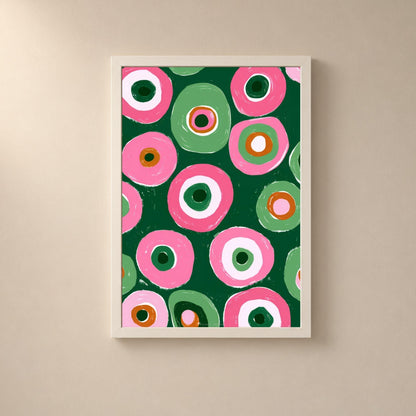 Affiche cercles abstraits rose et vert, poster géométrique rétro, art mural vert sapin