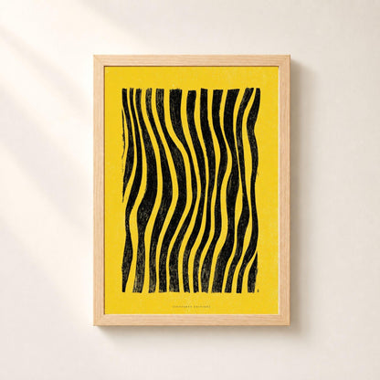 Affiche lignes noires ondulantes sur fond jaune, poster abstrait gravé, art mural jaune et noir