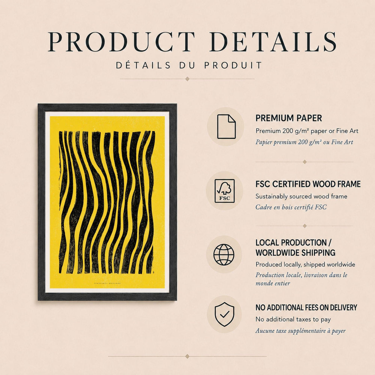 Affiche lignes noires ondulantes sur fond jaune, poster abstrait gravé, art mural jaune et noir