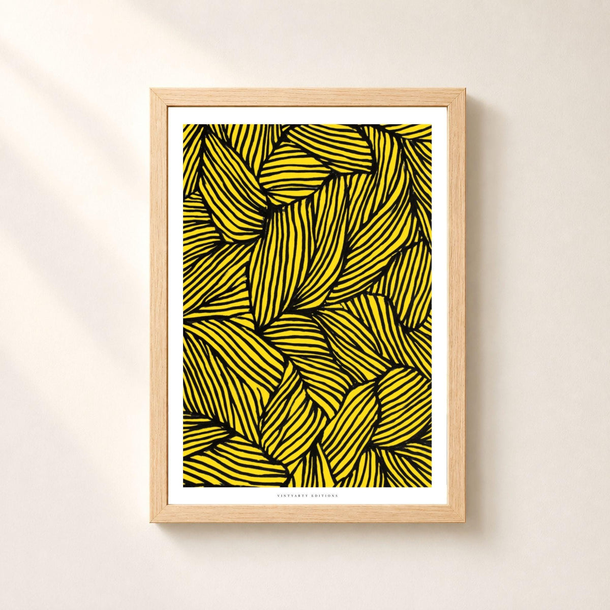 Affiche feuilles graphiques jaune et noir, poster abstrait au trait, art mural jaune contrasté