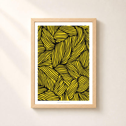 Affiche feuilles graphiques jaune et noir, poster abstrait au trait, art mural jaune contrasté