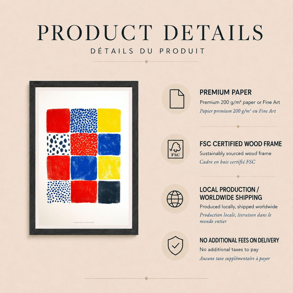 Affiche grille couleurs primaires, poster bauhaus géométrique, art mural rouge bleu jaune